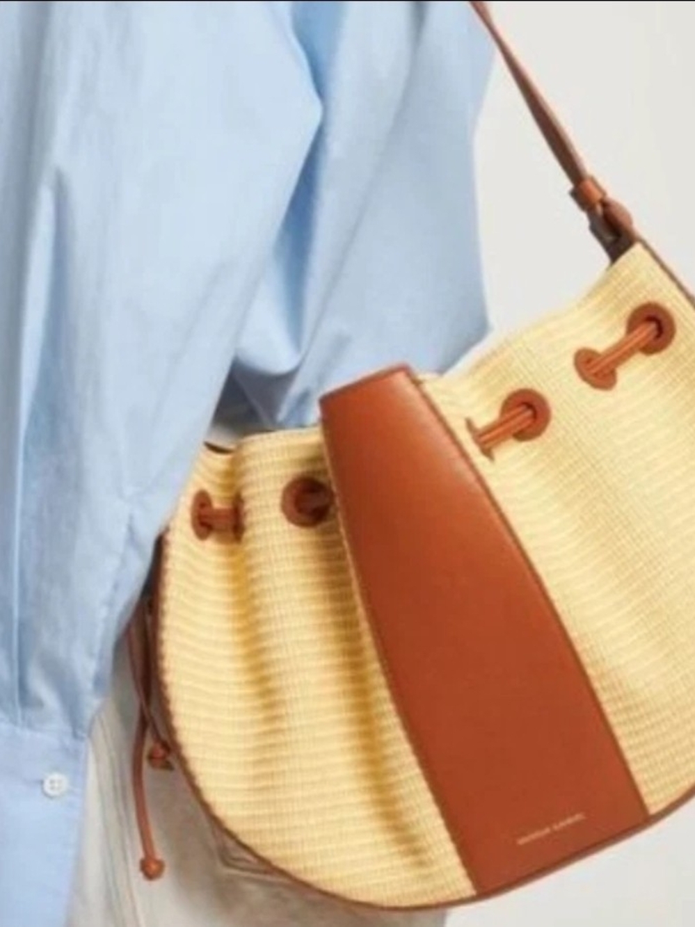 Mansur Gavriel Lilium Cream Woven Shoulder Bag with Tan Leather Trim